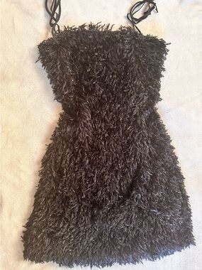 Forever 21 Black Fuzzy Tie-Shoulder Mini Dress
